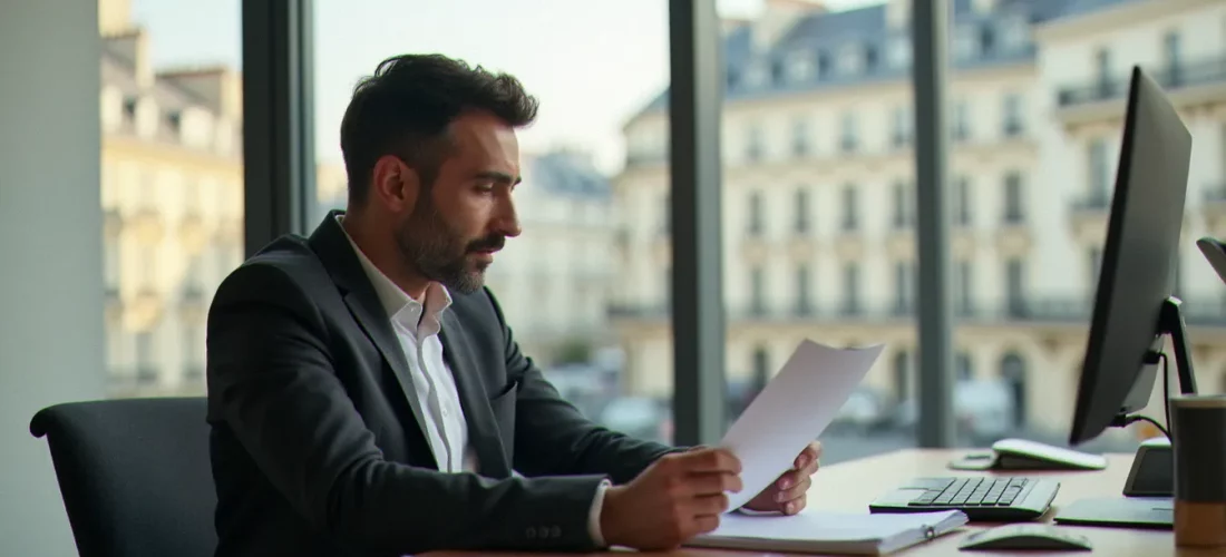 Consultant professionnel révisant un corporate bio template sur son bureau moderne à Paris, lumière naturelle du matin
