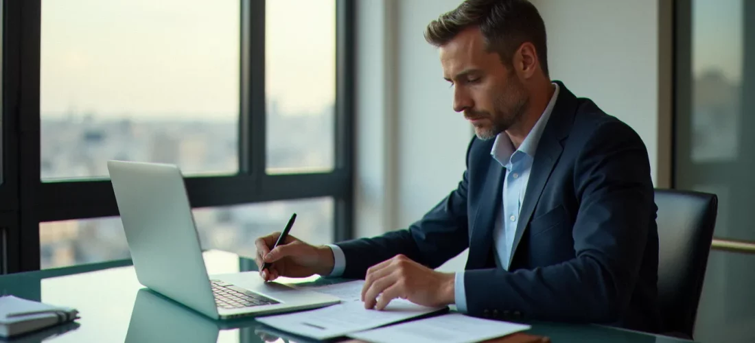 Dirigeant d'entreprise consultant un corporate biodata format professionnel dans un bureau moderne lumineux à Paris
