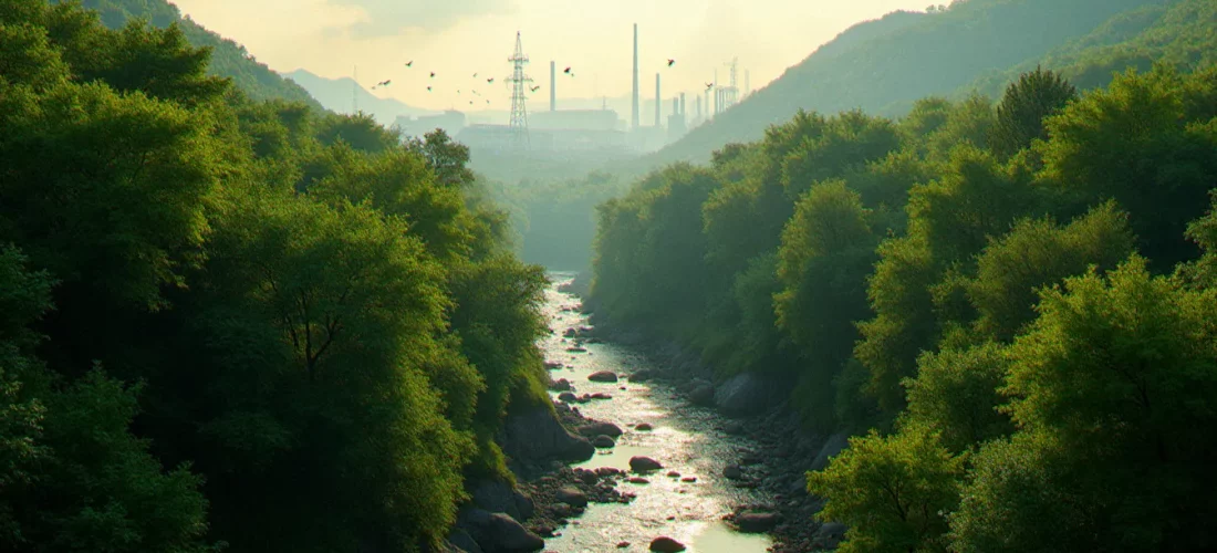 Vue aérienne d'un écosystème forestier diversifié jouxtant un site industriel moderne, illustrant l'enjeu du corporate biodiversity footprint en entreprise