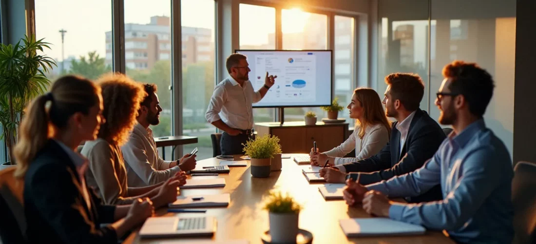 Équipe professionnelle en réunion dans un bureau corporate moderne baigné de lumière naturelle, illustrant la démarche corporate biolife en entreprise