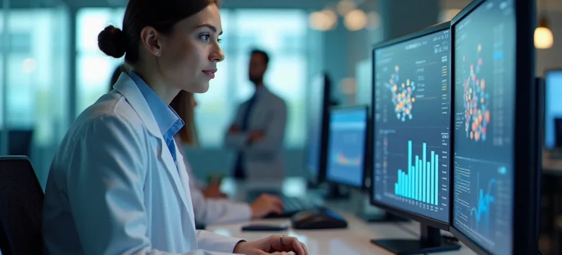 Biologiste professionnel travaillant sur des données scientifiques et commerciales dans un environnement de bureau corporate moderne, illustrant les corporate biology jobs