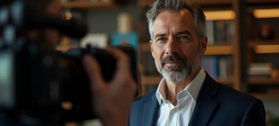 Tournage d'un corporate biopic dans un bureau parisien moderne, avec un fondateur d'entreprise face caméra et une équipe de production professionnelle