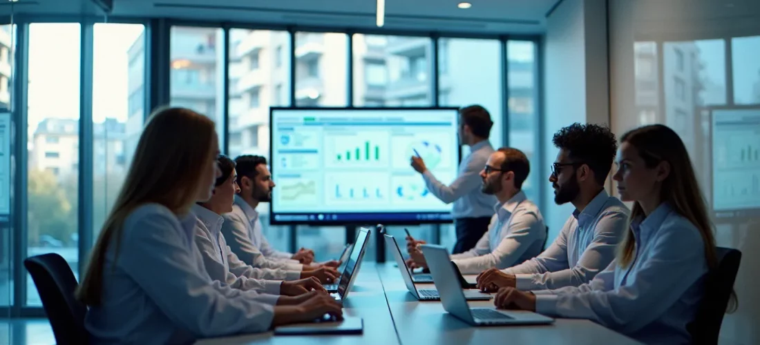 Équipe corporate biotech réunie dans une salle de réunion moderne pour une session de stratégie d'entreprise