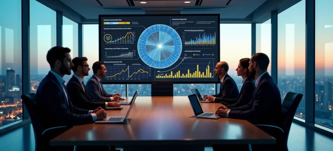 Salle de conseil d'administration moderne avec des visualisations de données en corporate biotechnology projetées sur grand écran, illustrant la prise de décision stratégique dans le secteur biotech