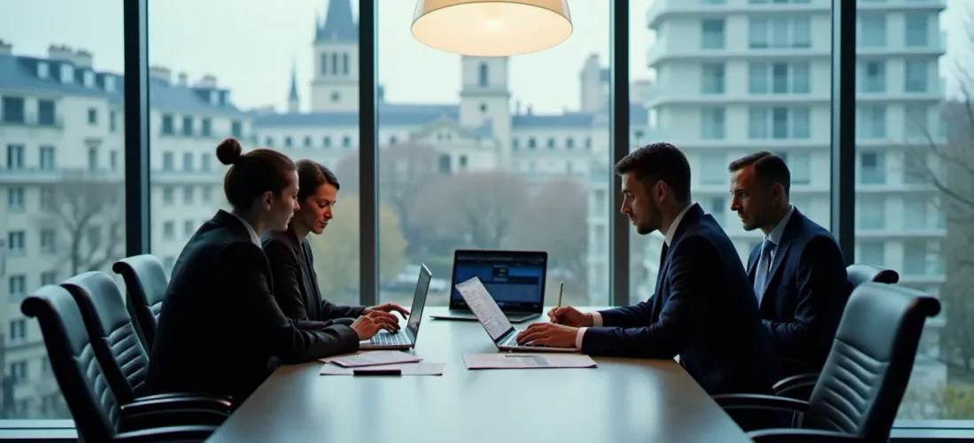 Réunion corporate dans une salle de conférence moderne à Paris, illustrant le conseil en banque corporate BNP et la relation banque-entreprise