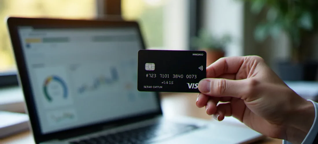 Main d'un cadre tenant une carte corporate d'entreprise dans un bureau moderne, illustrant la gestion des dépenses professionnelles avec une corporate card BNP