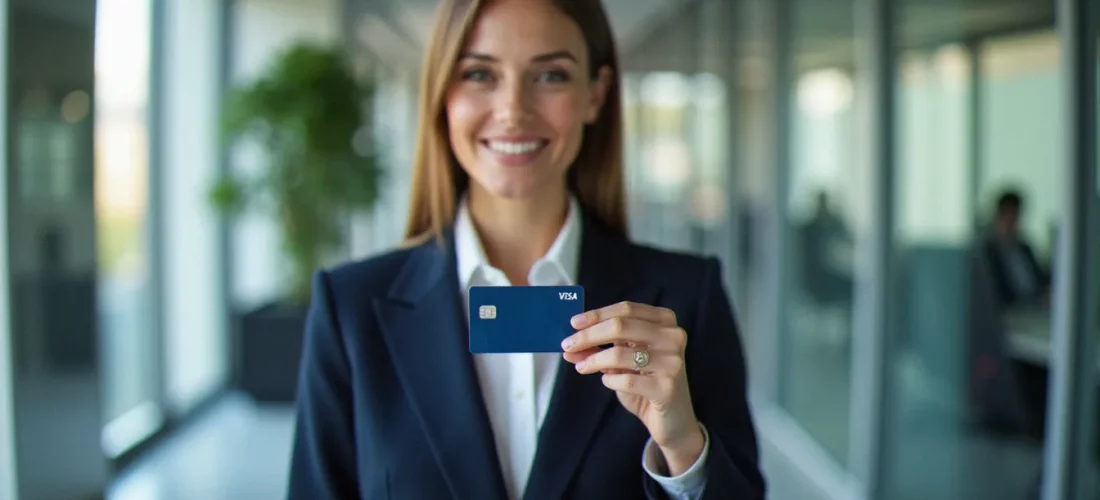 Dirigeante d'entreprise tenant une corporate card BNP dans un bureau moderne à Paris, illustrant la gestion des dépenses professionnelles