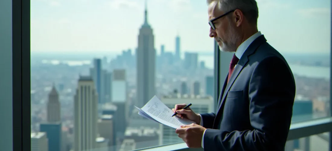 Dirigeant d'entreprise analysant des documents de corporate commentary dans un bureau contemporain avec vue sur la ville