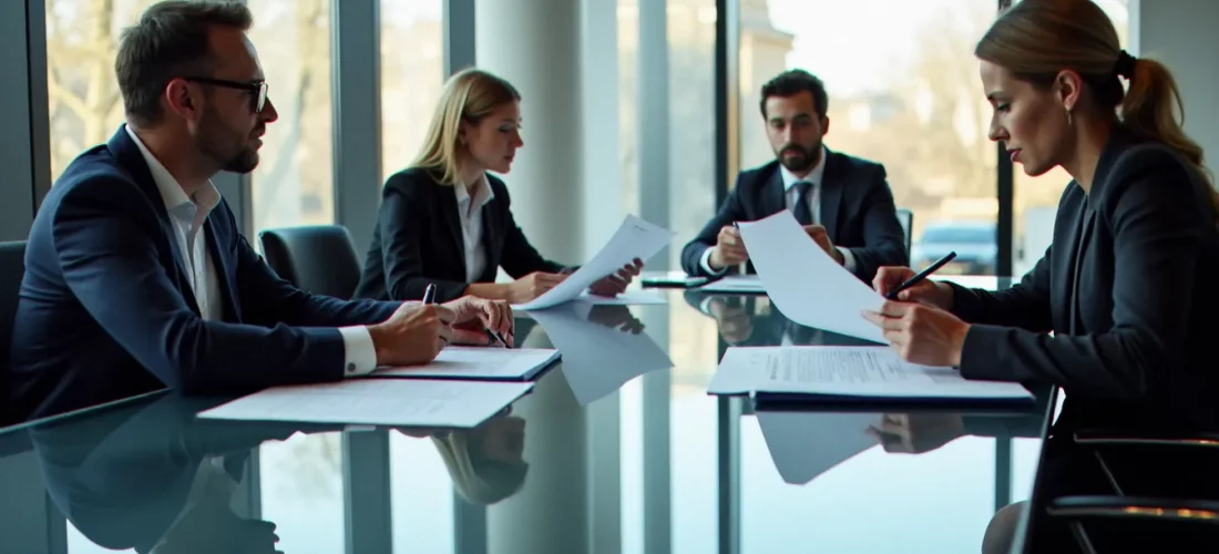 Réunion de dirigeants autour d'une table de conférence moderne pour définir la stratégie corporate def de leur organisation