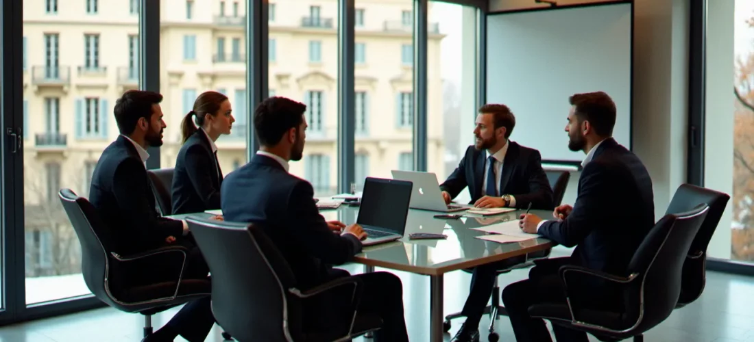 Réunion corporate dans une salle de conférence moderne à Paris, illustrant la définition et la stratégie corporate en entreprise