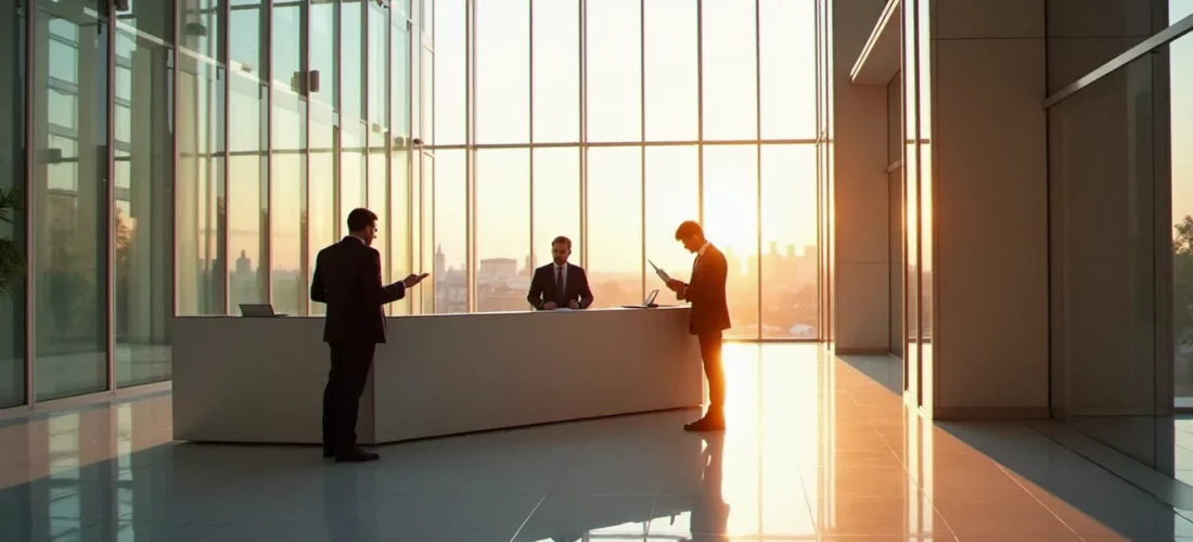 Vue d'un hall d'entrée corporate moderne à Paris avec des professionnels en réunion debout, illustrant l'image et l'identité corporate d'une entreprise B2B