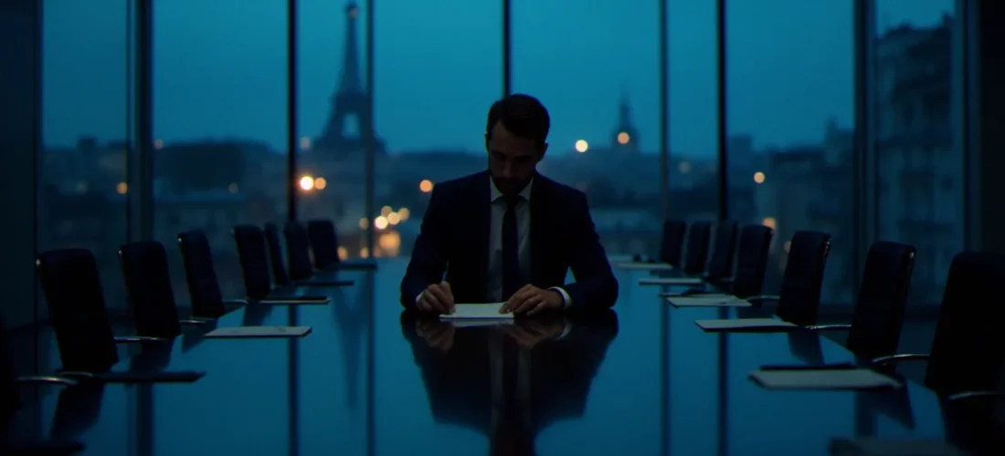 Dirigeant d'entreprise seul dans une salle de réunion parisienne au crépuscule sous un éclairage dramatique, illustrant la tension narrative du corporate comme film suspense