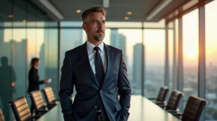 Dirigeant en costume sombre dans une salle de conseil vitrée avec vue sur une skyline urbaine, illustrant la dimension corporate et institutionnelle d'une entreprise