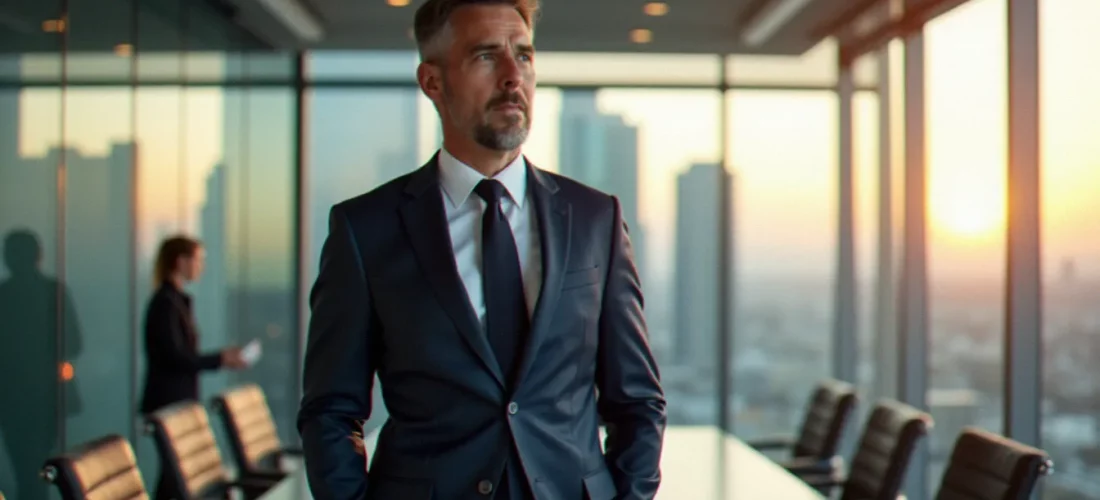 Dirigeant en costume sombre dans une salle de conseil vitrée avec vue sur une skyline urbaine, illustrant la dimension corporate et institutionnelle d'une entreprise