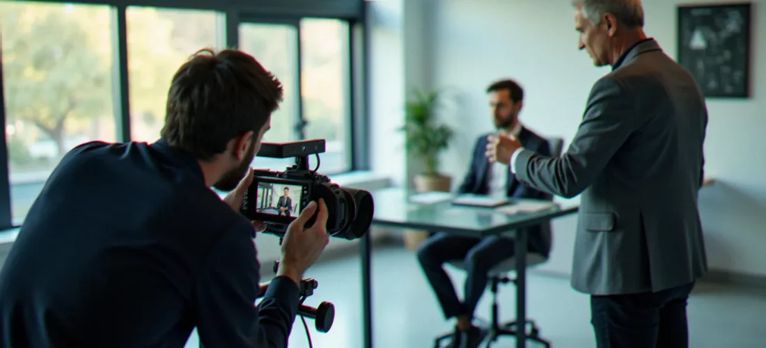 Équipe de tournage réalisant un corporate film dans un espace de travail moderne et lumineux