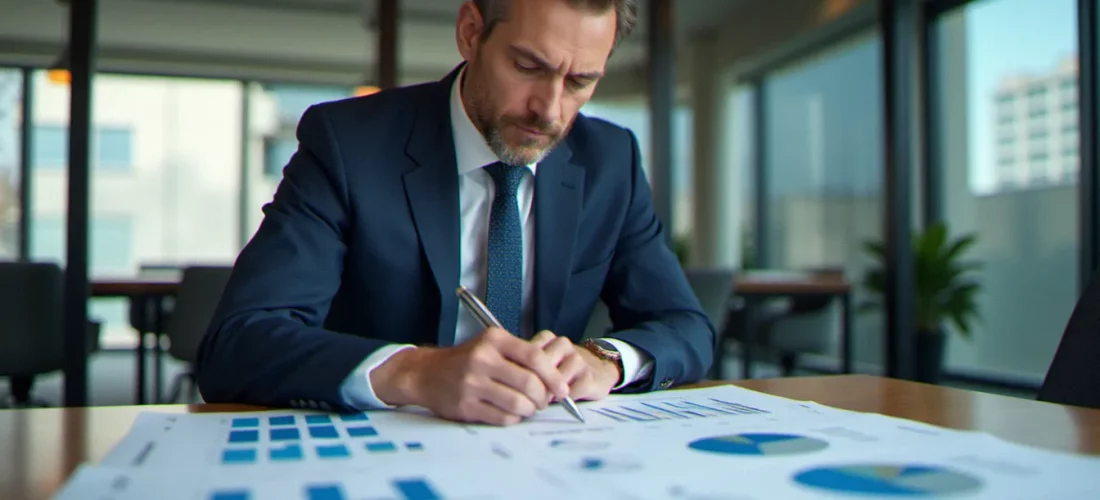 Dirigeant analysant des modèles de corporate finance sur une table de salle de réunion moderne à Paris