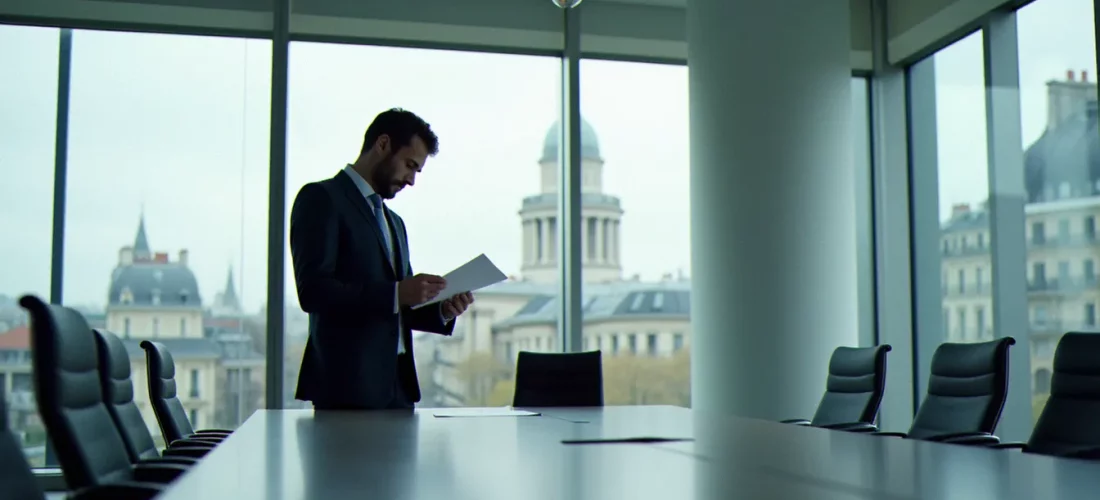 Dirigeant d'entreprise en réunion stratégique dans un bureau parisien moderne, illustrant la communication corporate France 4