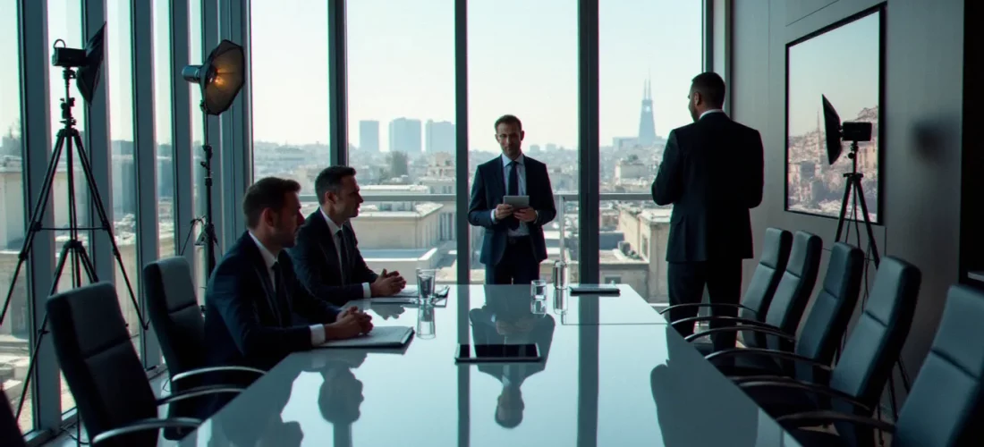Équipe de production corporate France TV installant des équipements de tournage dans une salle de direction parisienne avec vue sur la ville