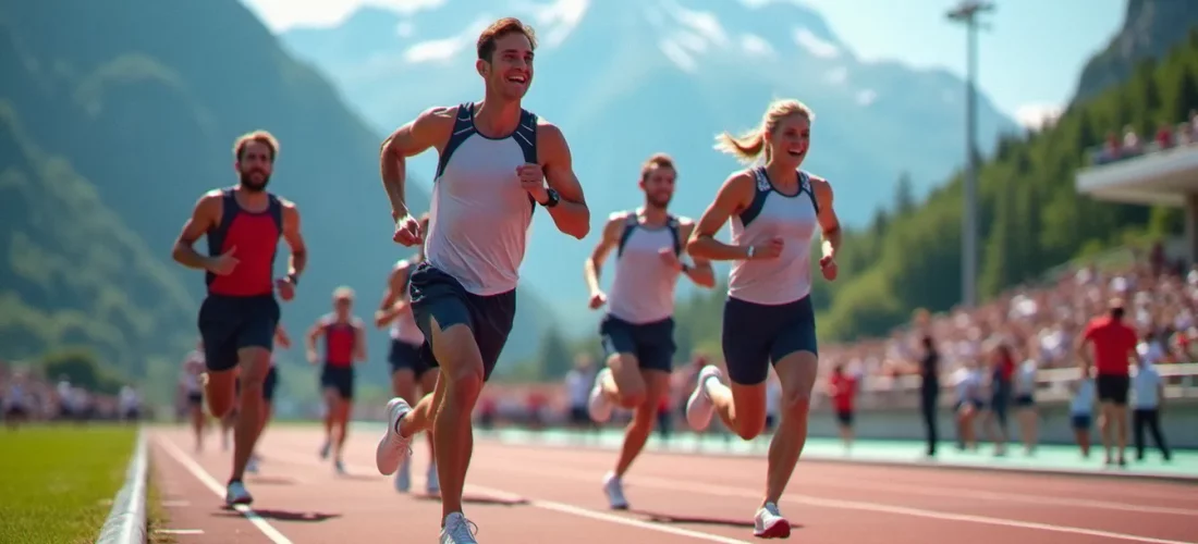 Des collaborateurs d'entreprises participant aux Corporate Games Annecy lors d'une épreuve de course à pied en bord de lac alpin, en tenue de sport aux couleurs de leur société