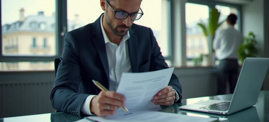 Consultant en stratégie corporate examinant un document de corporate guidelines dans un bureau parisien moderne avec vue sur la ville