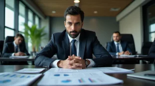 Dirigeant d'entreprise étudiant les corporate guidelines of LIC dans une salle de conseil moderne