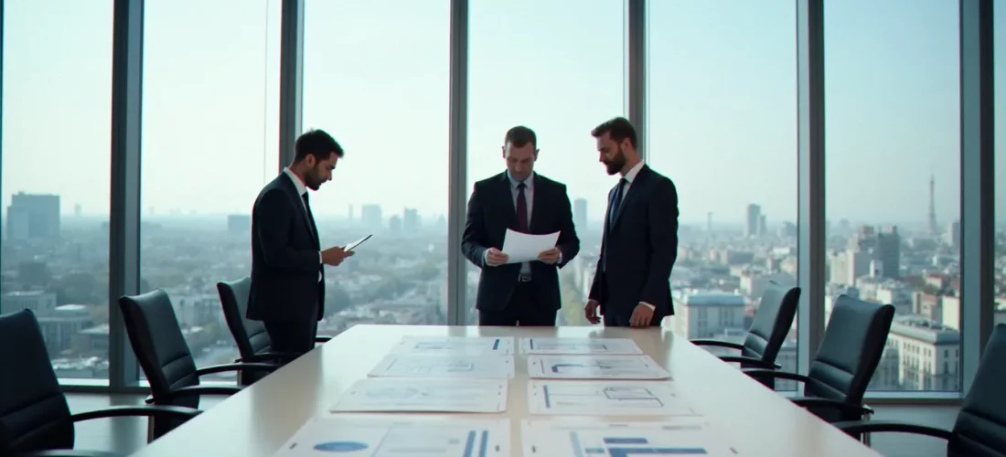 Salle de réunion moderne avec des dirigeants discutant d'une stratégie corporate autour d'une table de direction