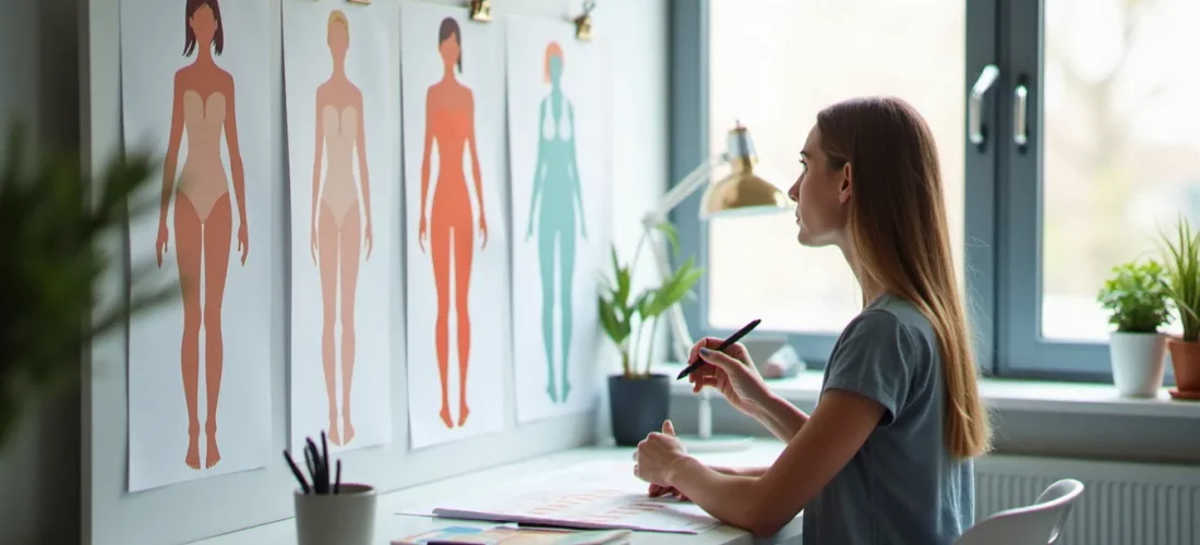 Designer examinant des illustrations dans le style corporate memphis épinglées sur un tableau blanc dans un studio moderne