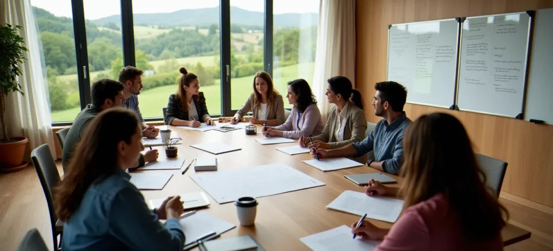 Groupe de professionnels en corporate retreat autour d'une table de travail dans une villa lumineuse avec vue sur la campagne française