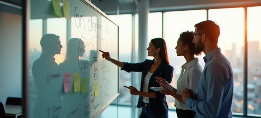 Équipe de professionnels en discussion collaborative autour d'un tableau blanc dans un bureau moderne, illustrant la construction d'une corporate sanskriti