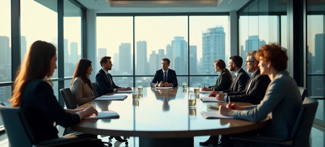 Réunion de gouvernance d'une corporate sanstha avec des dirigeants autour d'une table de conférence moderne