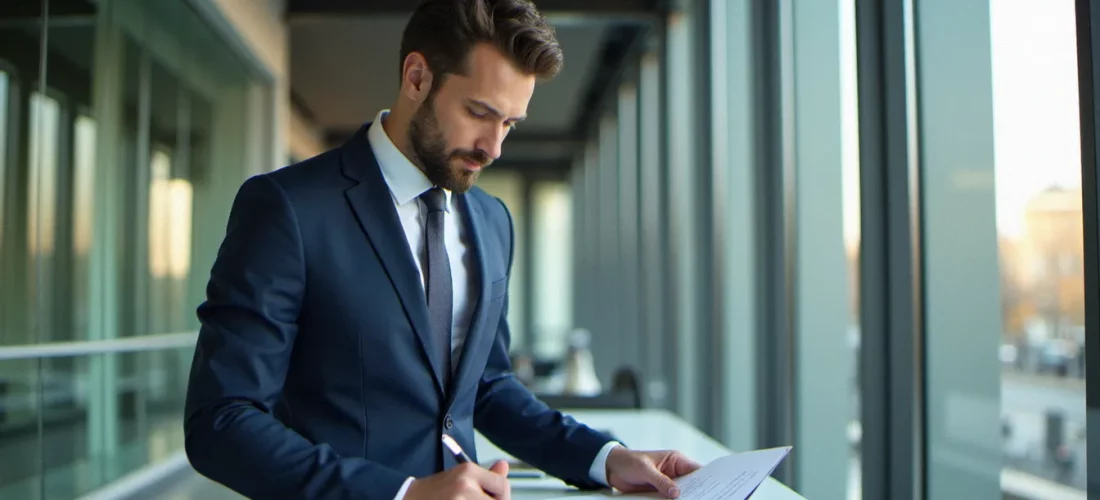 Consultant en stratégie corporate examinant un document de plateforme de marque dans un bureau moderne parisien, illustrant la démarche de corporate signification