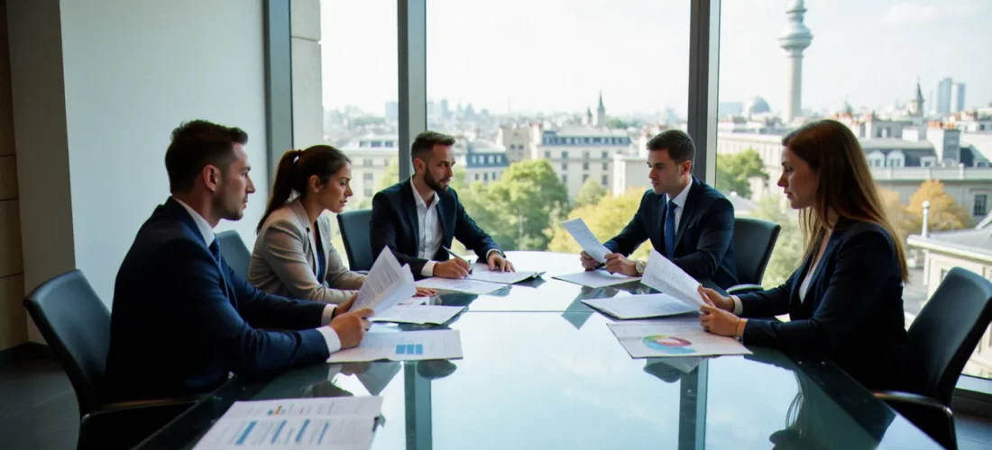 Équipe de professionnels en réunion d'entreprise analysant des rapports de corporate social responsibility dans une salle de conférence moderne avec vue sur la ville