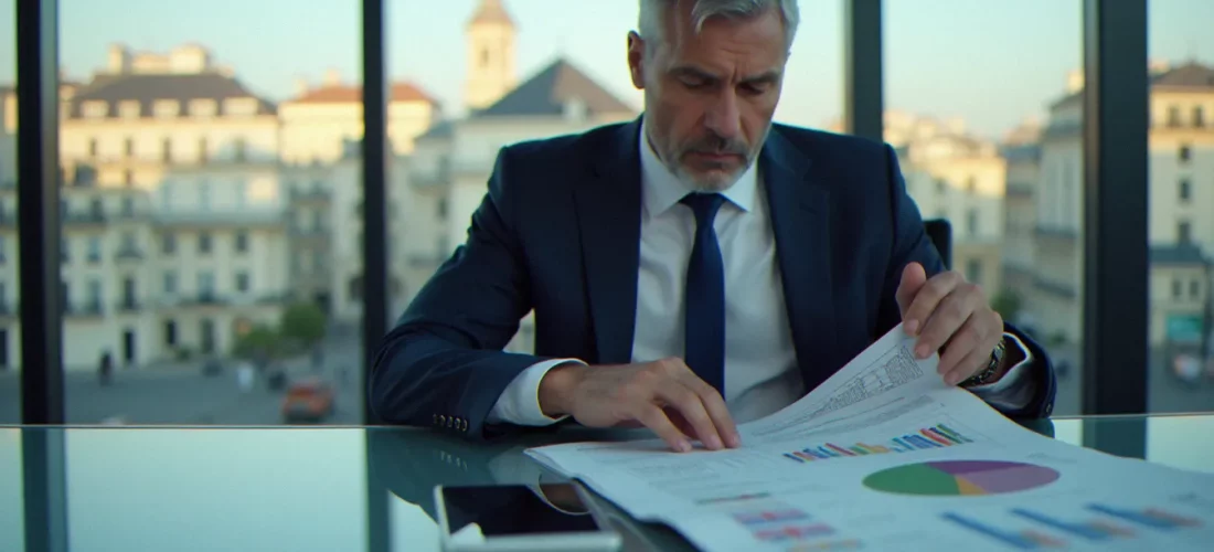Consultant financier senior analysant un corporate tax guide EY dans un bureau moderne avec vue sur Paris