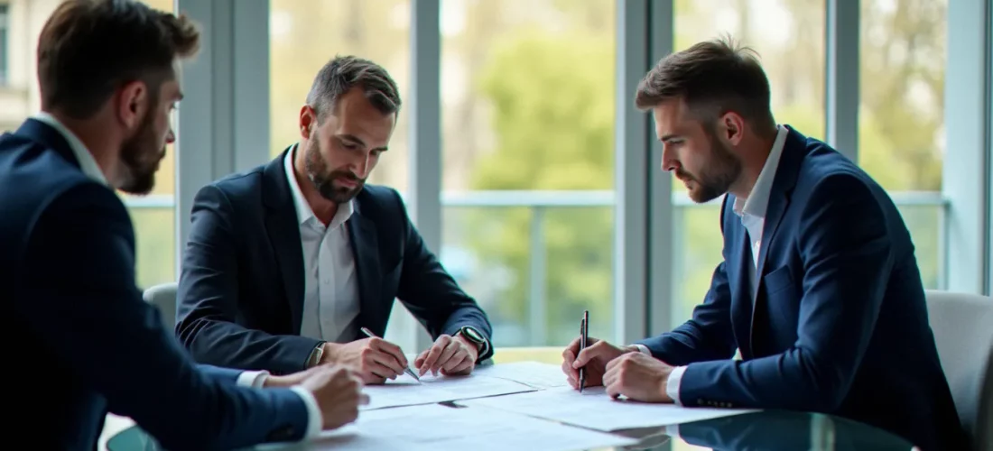 Équipe dirigeante en réunion autour de documents de corporate traduction dans un bureau parisien moderne
