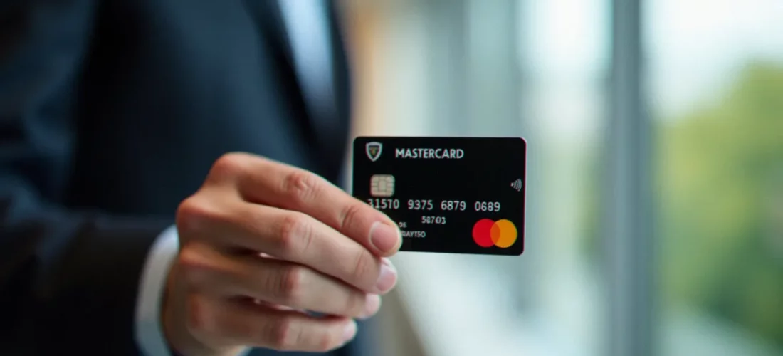 Main d'un cadre tenant une carte corporate professionnelle dans un environnement de bureau moderne, illustrant l'usage des corporate cards BNP Paribas en entreprise