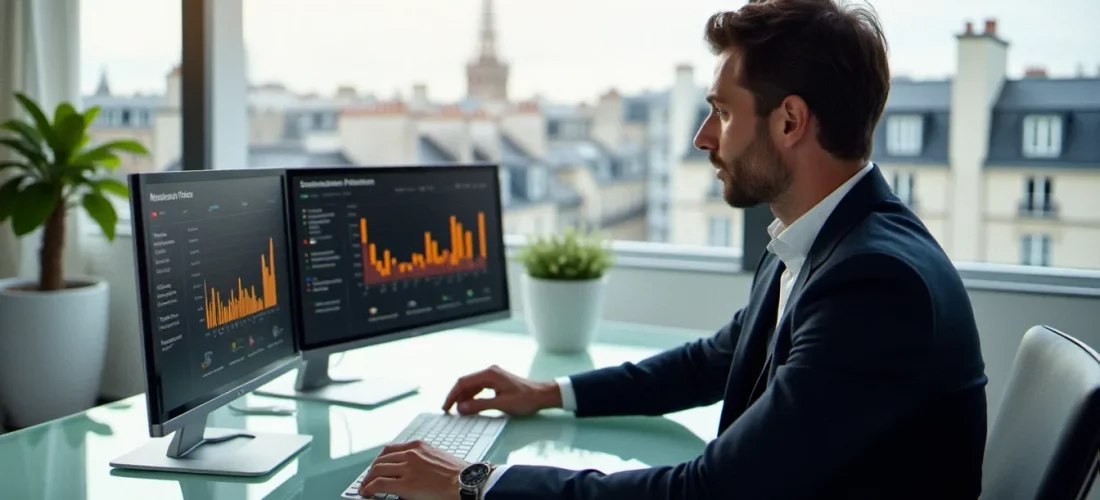 Consultant en stratégie digitale analysant les métriques de cost per mille sur des écrans dans un bureau parisien moderne baigné de lumière naturelle