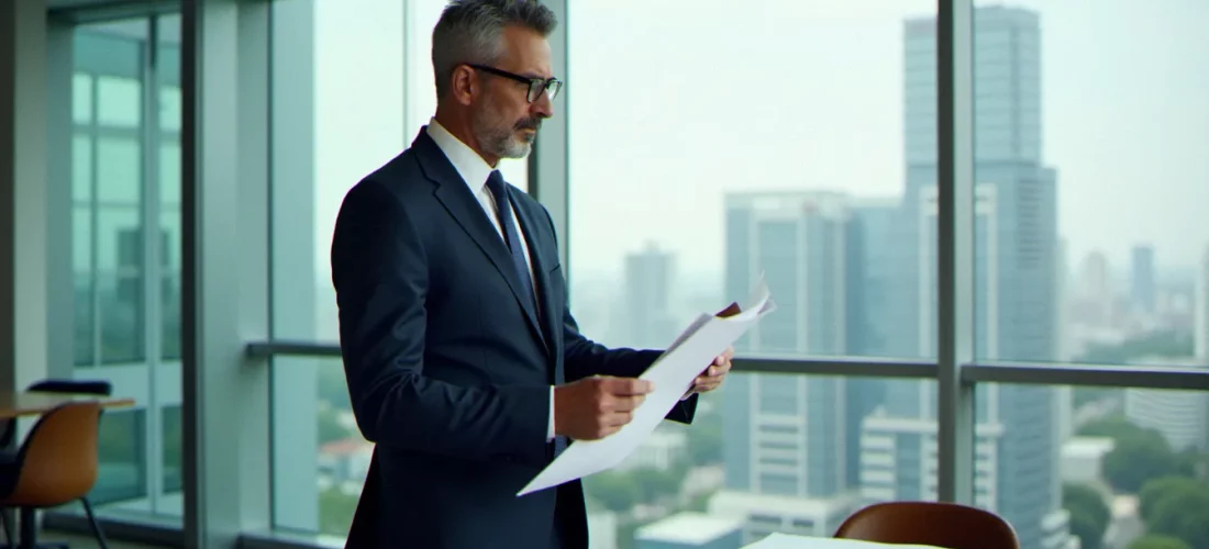 Directeur des ressources humaines en costume sombre debout dans un bureau moderne lumineux avec vue sur la ville, consultant des documents stratégiques
