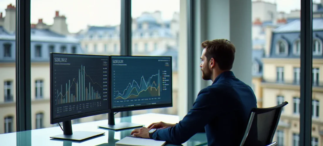 Consultant SEO analysant des données de netlinking et des métriques ereferer sur deux écrans dans un bureau parisien moderne