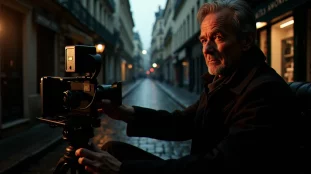 Réalisateur de film dramatique français derrière une caméra sur un plateau cinématographique parisien avec éclairage dramatique latéral