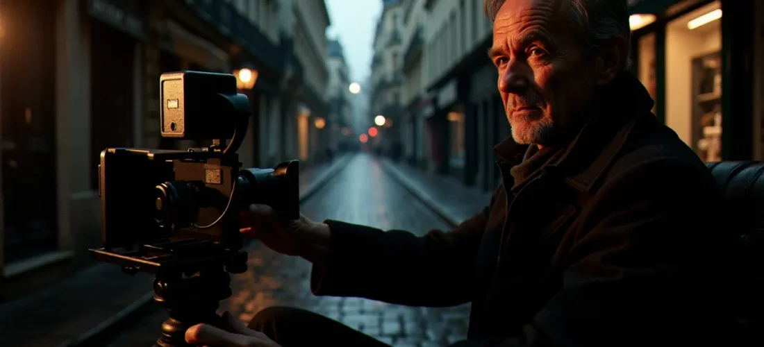 Réalisateur de film dramatique français derrière une caméra sur un plateau cinématographique parisien avec éclairage dramatique latéral
