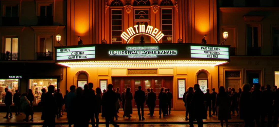 Façade d'un cinéma parisien illuminée la nuit avec une foule de spectateurs en file, illustrant l'effervescence autour du film français sorti en 2017