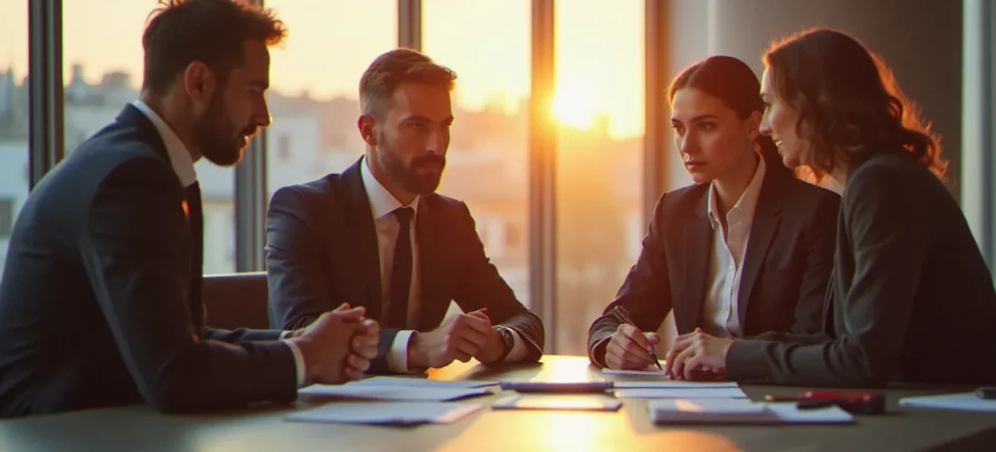 Trois professionnels en réunion stratégique dans un bureau parisien moderne, illustrant les dynamiques du monde du travail contemporain telles que représentées dans les films du genre