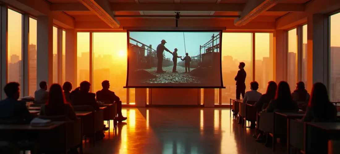 Groupe de collaborateurs en entreprise regardant ensemble un film sur le monde du travail projeté sur grand écran dans un open space moderne