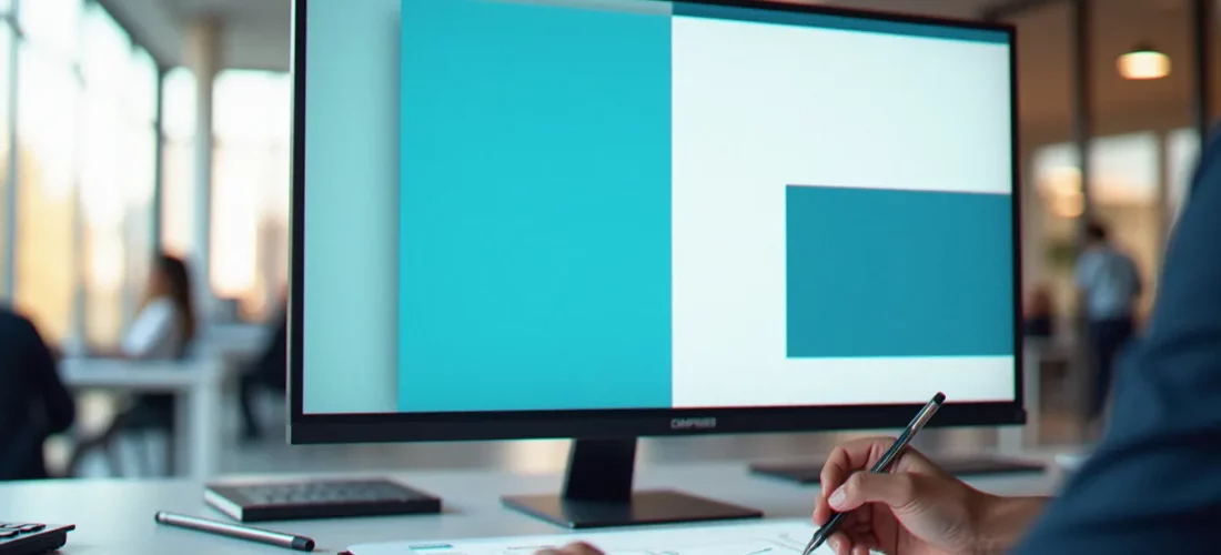 Espace de travail professionnel avec un écran affichant une interface en flat design aux formes géométriques épurées et couleurs franches
