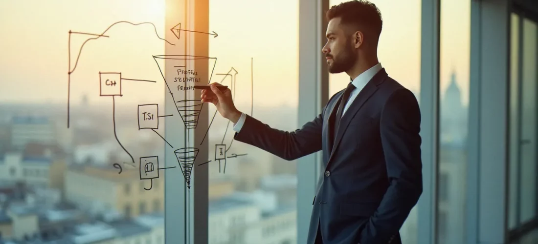 Consultant en stratégie B2B dessinant un schéma de funnel marketing structuré sur un tableau vitré dans un bureau parisien moderne baigné de lumière naturelle