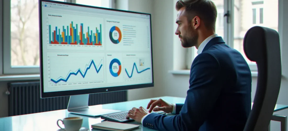 Consultant SEA analysant des campagnes Google SEA sur un écran d'ordinateur dans un bureau moderne parisien lumineux