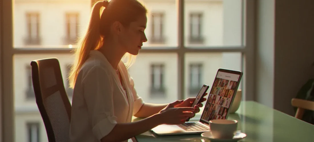 Une professionnelle consultant des insta stories sur smartphone dans un bureau parisien lumineux aux grandes fenêtres