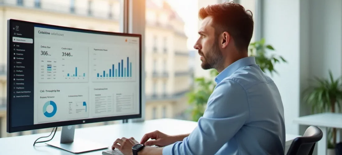 Un consultant B2B analysant les performances de liens raccourcis sur un tableau de bord analytique dans un bureau moderne à Paris avec vue sur les toits haussmanniens