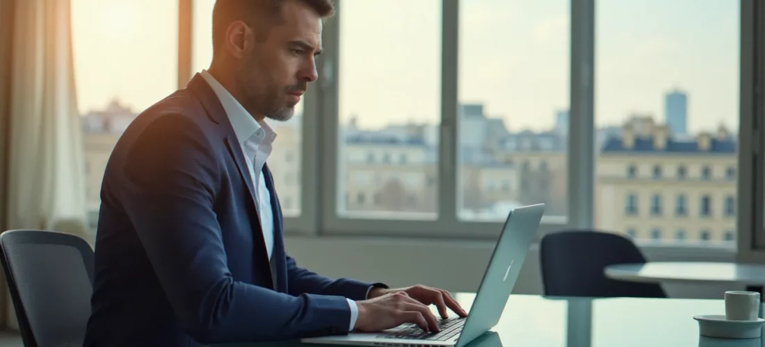 Consultant professionnel utilisant LinkedIn Premium sur son ordinateur portable dans un bureau moderne et lumineux à Paris