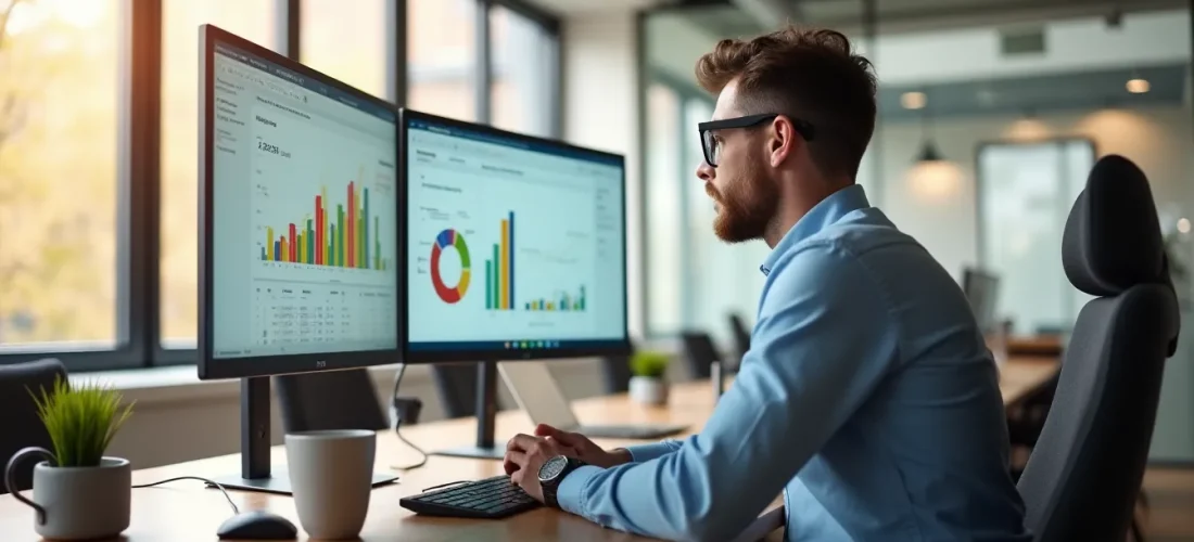 Professionnel du marketing analysant les statistiques d'une campagne Mailchimp sur un écran d'ordinateur dans un bureau moderne et lumineux